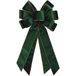 Vintage Green Wreath Bow 20x11 Inch Velvet Tree Topper Golden Edge Xmas